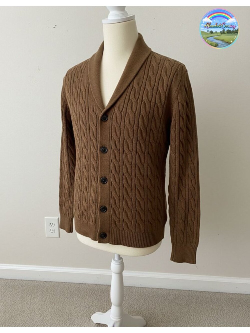 Mens Cable Knit Cardigan Button Down Shawl Collar Sweater Long Sleeve